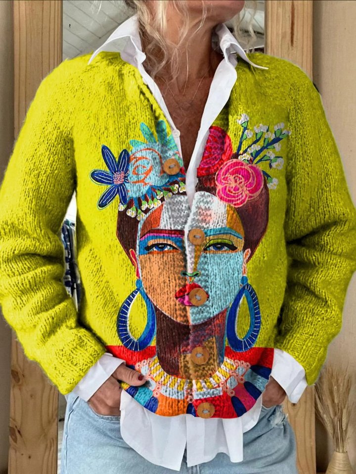 Juliette | Portrait Art Printed Buttons Cardigan
